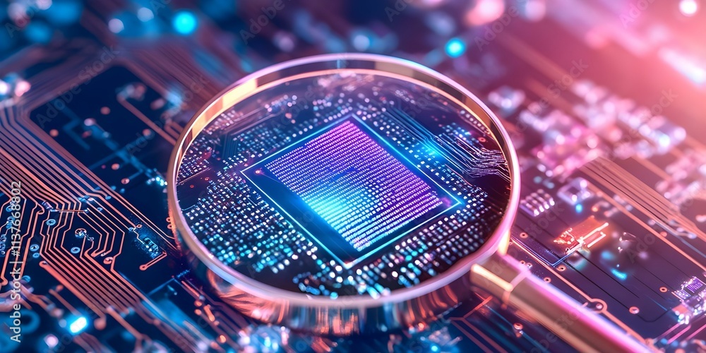 Poster a close-up of a computer chip on a circuit board, highlighted under a magnifying glass, showcasing v