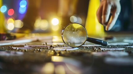 Detective carefully analyzing fingerprints and evidence with magnifying glass on table, crime scene investigation concept.