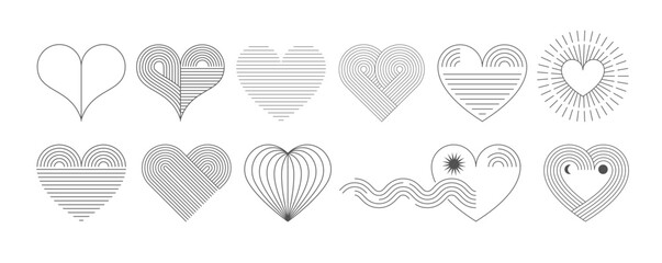 Bohemian Valentines day abstract linear art hearts. Minimalist geometric Valentines heart symbols, elements. Love, wedding, valentines concept illustration
