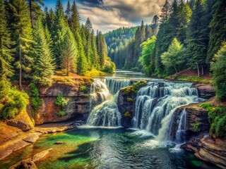 Lower Lewis River Falls Vintage Photography: Scenic Waterfall Images, Oregon Cascade Mountains, Nature Photography