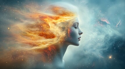 The figure, bathed in ethereal light, drifts serenely through a swirling tapestry of vivid hues, surrounded by a kaleidoscope of pulsating stars and nebulae.