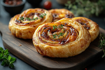 Delicious Puff Pastry Pinwheels Baked Freshly with Thyme Garnish on Wooden Board