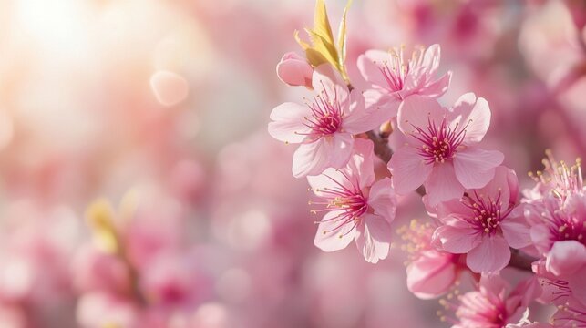 Delicate Pink Cherry Blossom Flowers in Springtime Soft Light Background