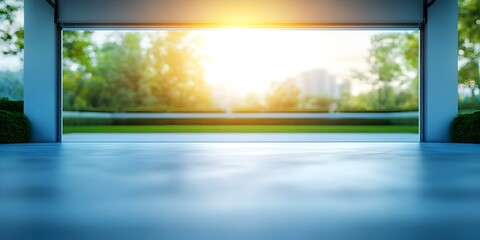 Fototapeta premium A bright, sunlit view through an open garage door, revealing a serene outdoor landscape with greenery. Concept Sunlit Garage View, Serene Outdoor Landscape, Lush Greenery, Tranquil Ambiance