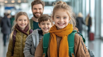 Fototapeta premium The family of four approached the bustling airport terminal with excitement and anticipation, their luggage in tow and smiles on their faces as they embarked on their journey together.