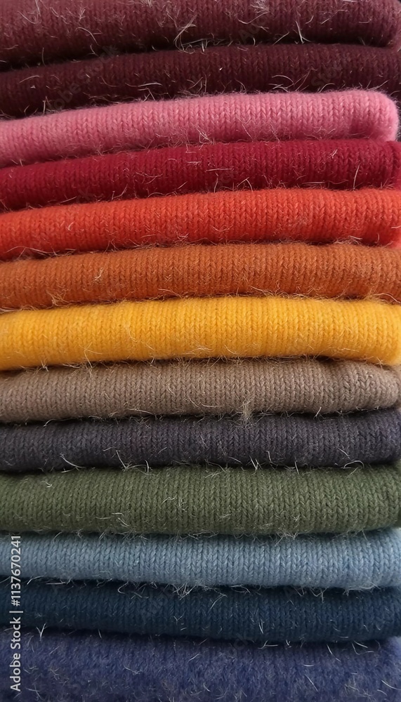 Poster various samples of woolen fabric in different colors are neatly organized, showcasing a vibrant pale