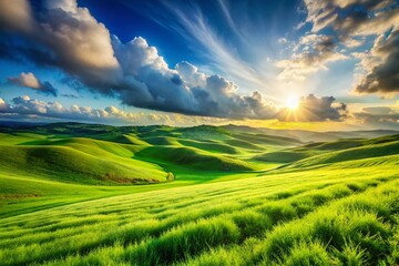 Obraz premium Lush Green Grass Field Under a Clear Blue Sky with Gentle Breeze and Rolling Hills in the Background - Perfect for Nature Lovers and Outdoor Enthusiasts