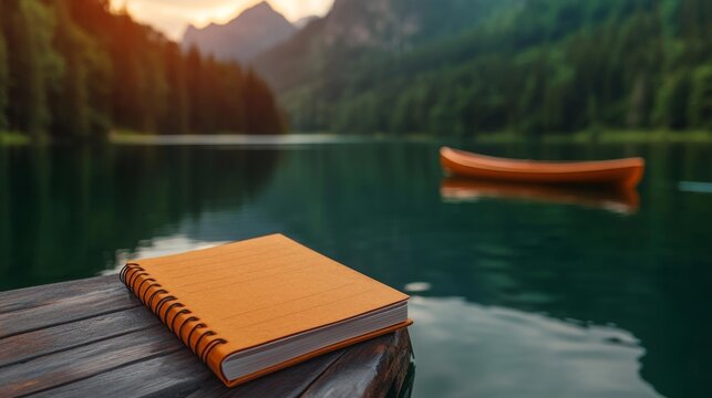 Pursue Your Dreams with a Bucket List Notepad by a Tranquil Lake. Generative AI