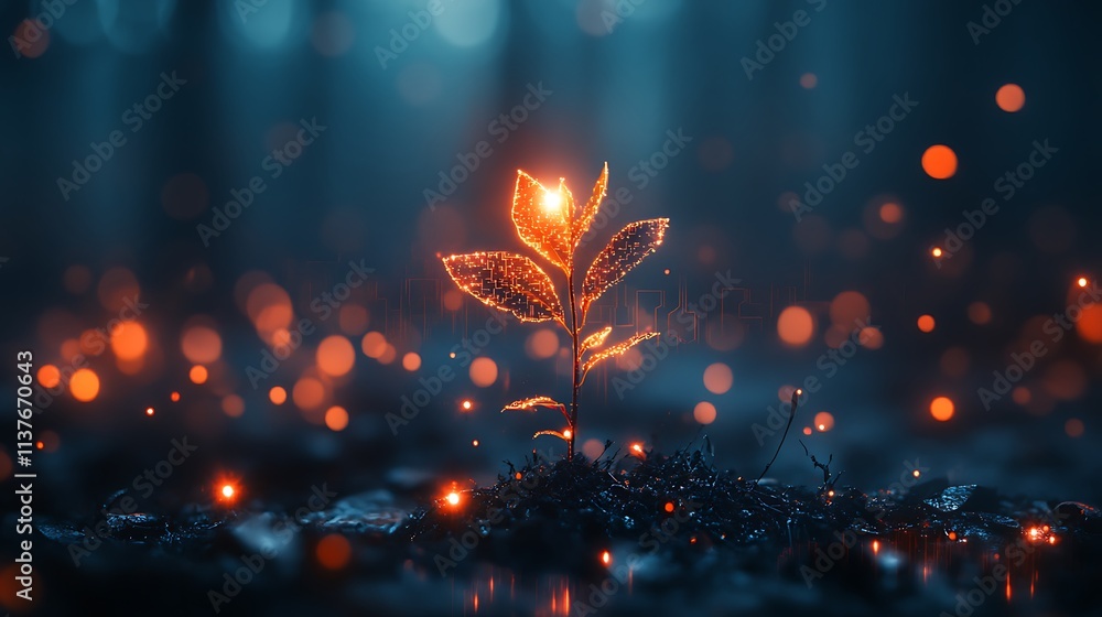 Poster glowing plant with sparkling leaves in a mystical forest setting with soft light and bokeh effects