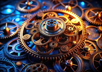 Obraz premium Steampunk Clockwork Cogs: Blue Night Photography Close-Up
