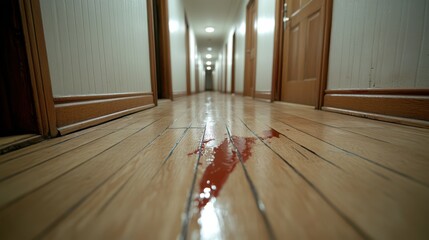 A dimly lit wooden hallway with a mysterious trail of red liquid evokes a sense of suspense, intrigue, and unanswered questions.
