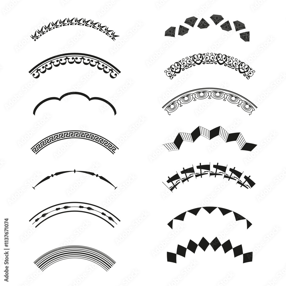 Aufkleber decorative arc set. vector ornament shapes. abstract line patterns. black curved design.
