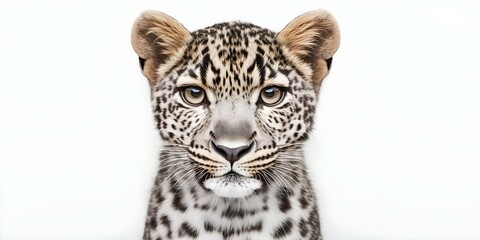 Naklejka premium A close-up of a leopard cub with distinctive spots and piercing eyes against a plain white background. Concept Leopard Cub Close-Up, Distinctive Spots, Piercing Eyes, White Background