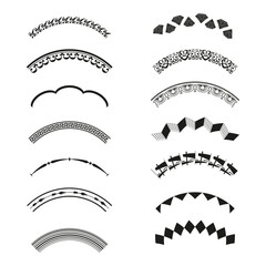 Decorative arc set. Vector ornament shapes. Abstract line patterns. Black curved design.