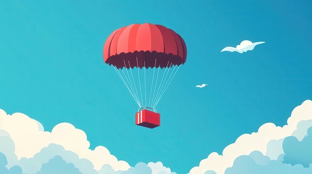 A Box flying on a parachute with pink cloud,vector illustration of package flying down from sky and cloud with parachute, concept for delivery service,shopping online,air delivery service.