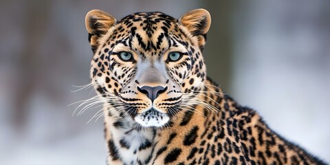 Obraz premium A close-up of a leopard with distinct rosette-patterned fur and striking blue-green eyes against a blurred background. Concept Leopard Close-Up, Rosette-Patterned Fur, Striking Blue-Green Eyes