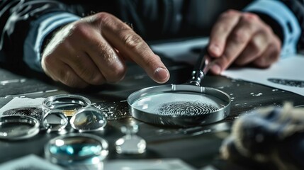 Detective carefully analyzing fingerprints and evidence with magnifying glass on table, crime scene investigation concept.