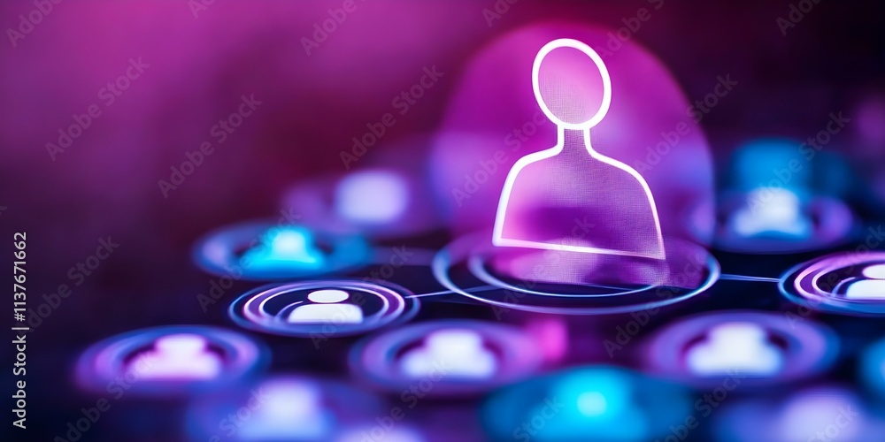 Poster a digital representation of a network of people, featuring a highlighted profile in the center with 