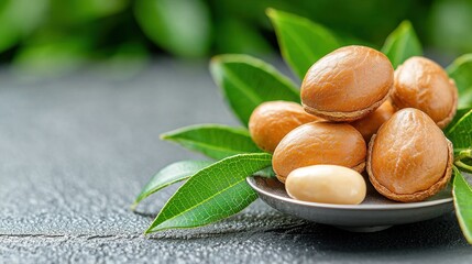 The closeup image showcases a cluster of freshly harvested shea nuts placed on a precise weight scale, surrounded by vibrant green leaves