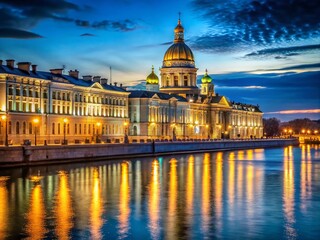 Fototapeta premium St. Petersburg Night Architecture: Stunning Cityscape Photos, Illuminated Buildings, Night Photography, Russian Architecture, Palace Square, Neva River, Night Views, Canal, Bridge, Imperial Style