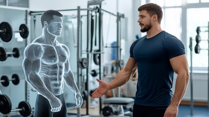 Athlete Interacting Holographic Coach Demonstrating Correct Exercise Technique High-Tech Gym Setting