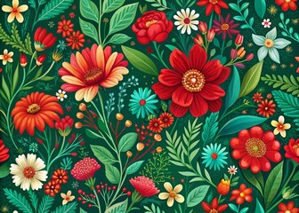 Lush Red Wild Floral Garden Pattern with Beautiful Blooms and Greenery, Ideal for Textiles, Wallpapers, and Backgrounds with Ample Copy Space on the Right Side for Customization