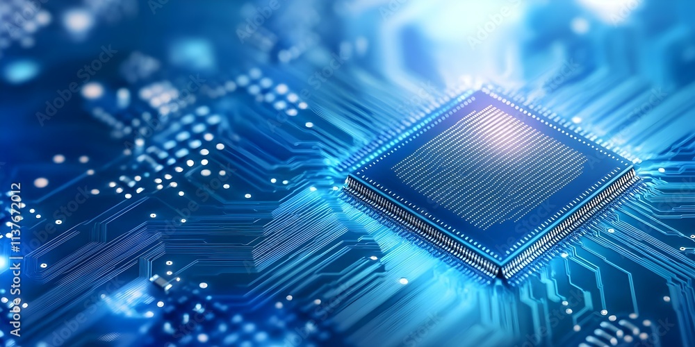 Poster a close-up view of a microchip on a circuit board with intricate electronic pathways and a blue glow
