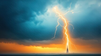 Obraz premium The tall structure stood imposingly against the backdrop of stormy skies, illuminated by vibrant bolts of lightning that danced and crackled around it, casting an eerie glow over the landscape.