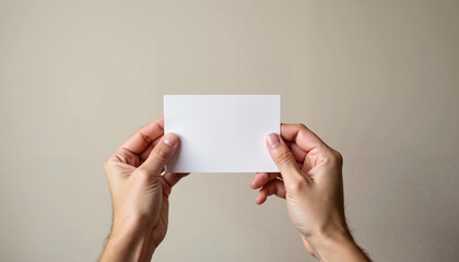 Pair of hands holding blank card on slightly blurred neutral background