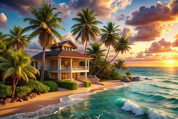Fototapeta premium Luxurious Coastal Villa, Palm Trees, Sandy Beach: Stunning Oceanfront Escape