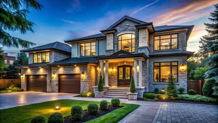 Luxurious Custom-Built Home in Toronto Suburb Showcasing Modern Architecture and Elegant Design with Lush Landscaping, Perfectly Blending Comfort and Style