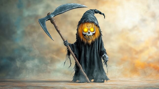 1. A spooky and mischievous character with sharp fangs, glowing yellow eyes, and long, spindly limbs, covered in tattered black cloaks and holding a wickedly sharp scythe.