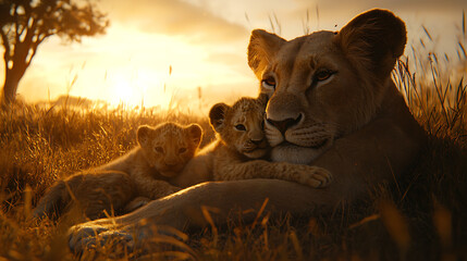 A mother lion is laying down with her two cubs