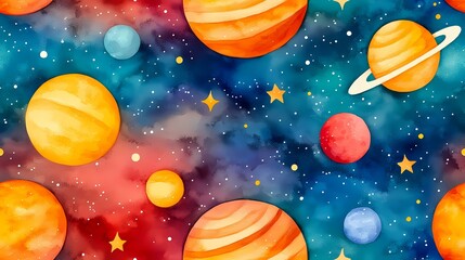 Naklejka premium A vibrant watercolor-style seamless pattern depicting a cosmic scene with various sized planets, stars and a nebula background.