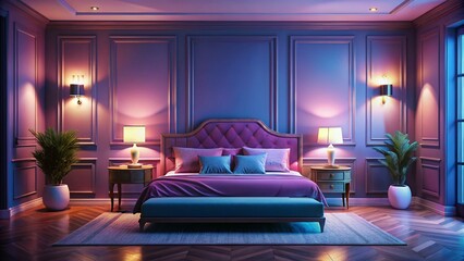 Luxurious Minimalist Bedroom Design: Royal Bed, Pink & Blue Lighting, Wooden Nightstand