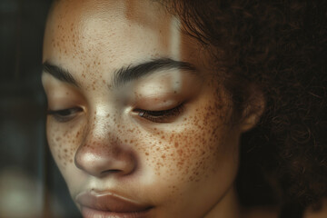 Fototapeta premium A detailed close-up of a young woman displaying beautiful freckles and curly hair, emphasizing natural beauty and serenity under gentle lighting.