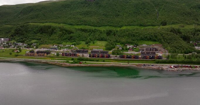 Modern House Apartment Next To Main Road E8 In Tromso, Norway. Aerial Drone Shot