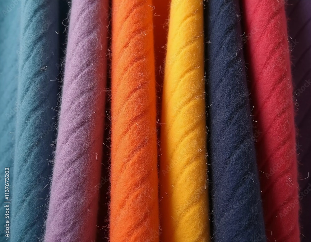 Poster various samples of woolen fabric in different colors are neatly organized, showcasing a vibrant pale