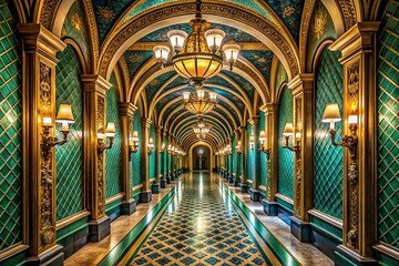 Naklejka premium Luxurious Teal and Gold Art Deco Hallway: Elegant Arches and Chic Lamps Create Opulent Atmosphere in Stunning Panoramic Photography