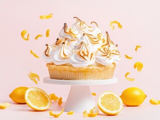A beautifully decorated lemon meringue pie on a stand, surrounded by fresh lemons and zest.