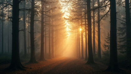 A misty forest at sunrise, with tall trees and golden light filtering through the branches, creating a serene and magical atmosphere.