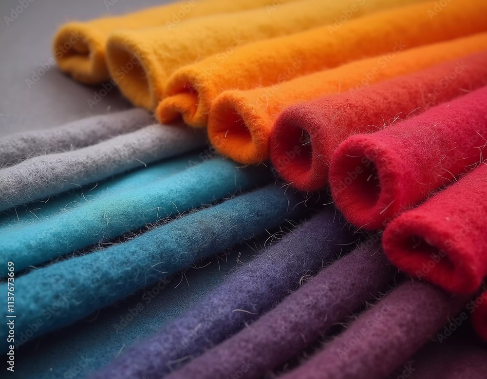 Poster various samples of woolen fabric in different colors are neatly organized, showcasing a vibrant pale