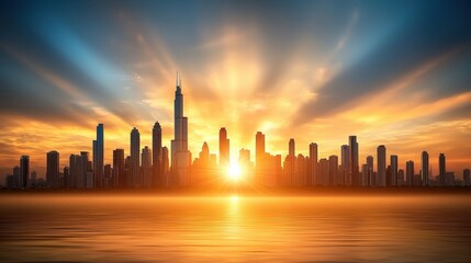 Obraz premium As the sun dips below the horizon, casting a warm glow over the city, the silhouette of skyscrapers against the vibrant sky creates a breathtaking and serene backdrop.