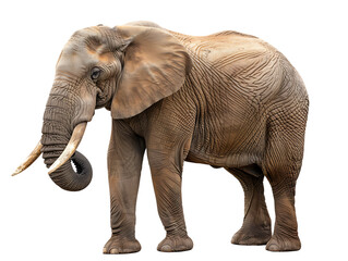 Obraz premium A large African elephant with long tusks stands facing sideways, isolated on a clean transparent background for advertising use.