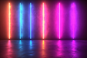 Neon Lights Illuminate Reflective Floor with Vibrant Colors Smoothly