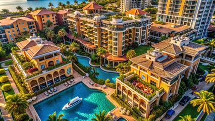 Naklejka premium Luxury Hotel Room Layout Aerial Photography: Stunning Bird's Eye View of Opulent Suites & Amenities