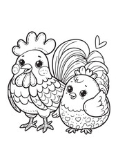 Coloring page design education roaster with chick 