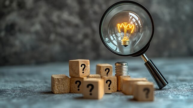 Light bulb icon under a magnifying glass and wood blocks