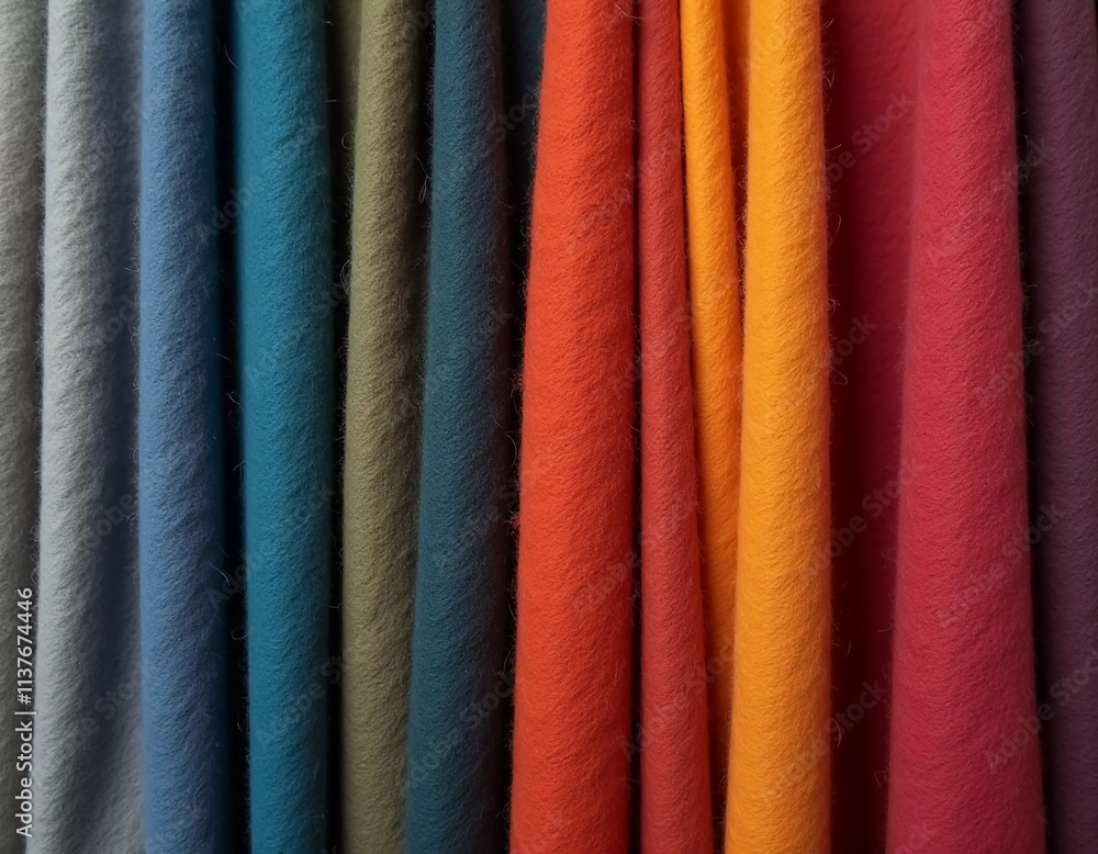 Poster various samples of woolen fabric in different colors are neatly organized, showcasing a vibrant pale