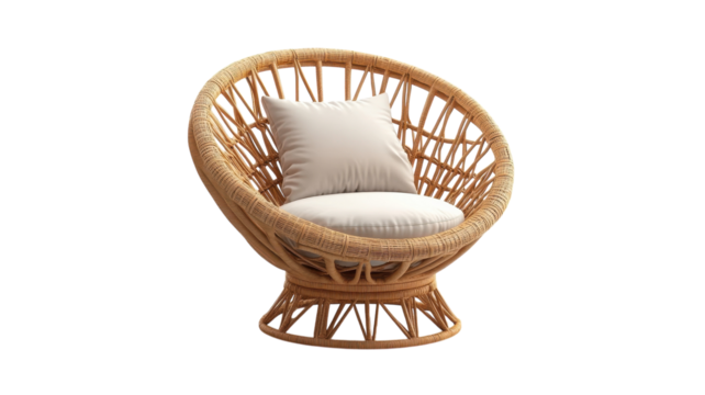 Comfortable rattan chair with soft cushion, ideal for relaxing outdoors or in a cozy living space, showcasing craftsmanship and natural materials.